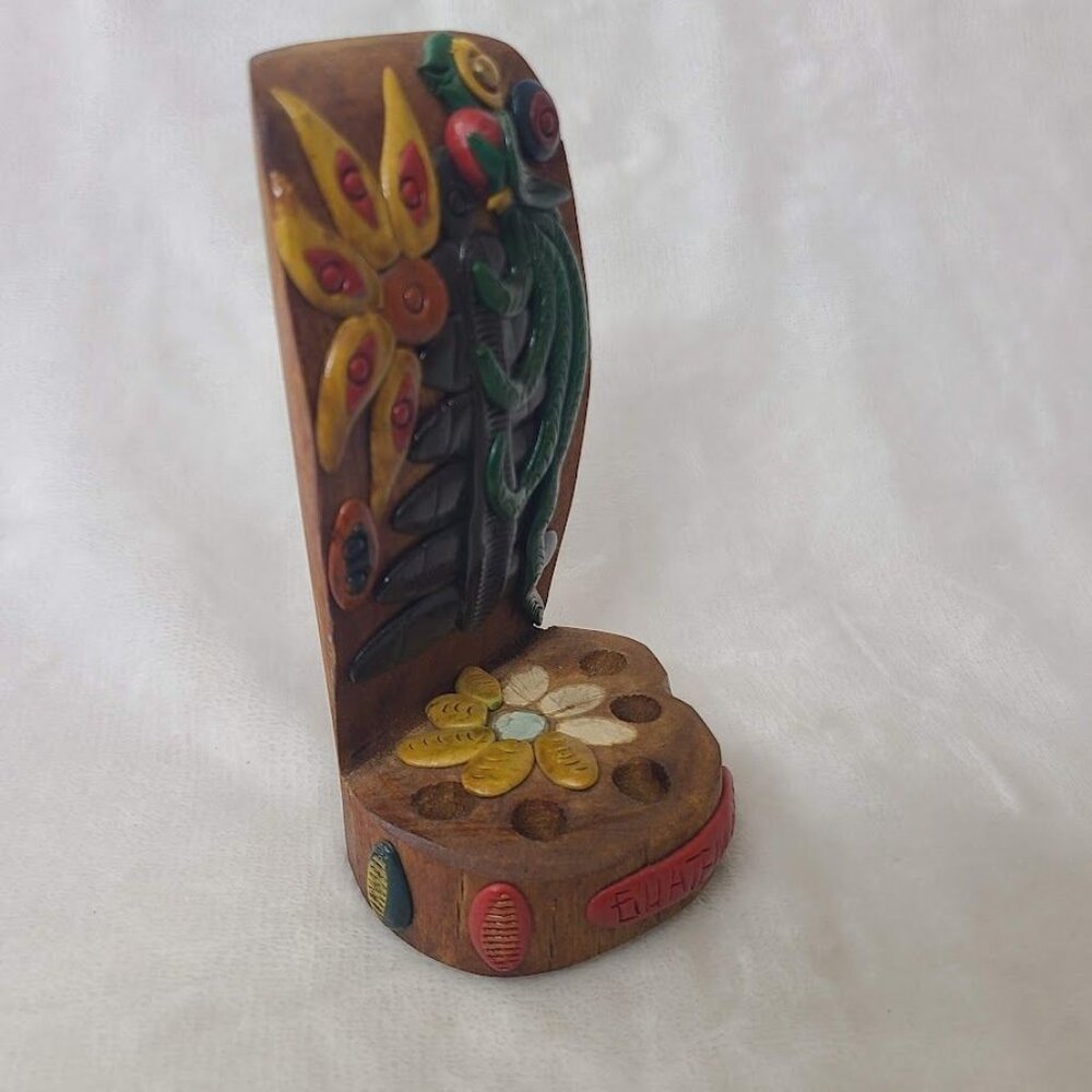 Guatemala Hand Carved Wooden Quetzal Bird Incense Holder Folk Art - Picture 3 of 11